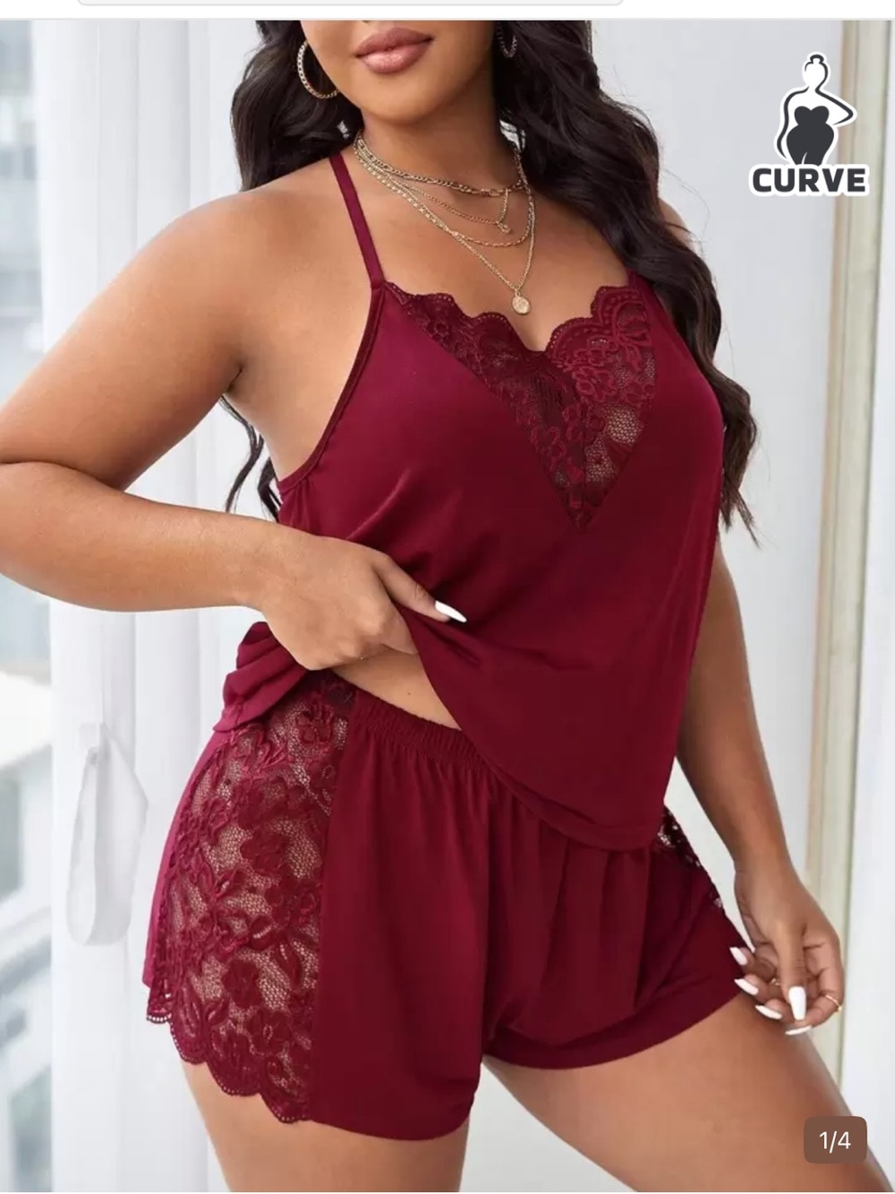 Lingerie Plus Size Burgundy Lace Trim Camisole Short Sleep Set pajamas sexy 0XL